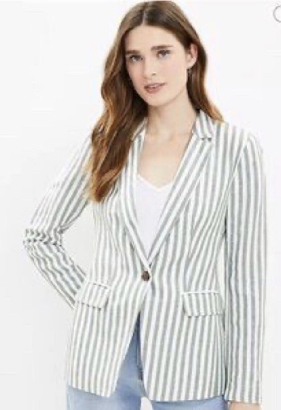 LOFT Green &!White Striped Linen Blend Blazer classic preppy Size 8P NWT